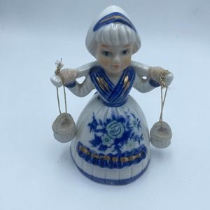 Vintage Dutch Girl Milk Maid Blue And White Porcelain Bell With Pails